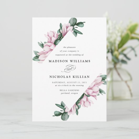 Magnolia en Eucalyptus | Floral Lijst Wedding Kaart (Staand voorkant)