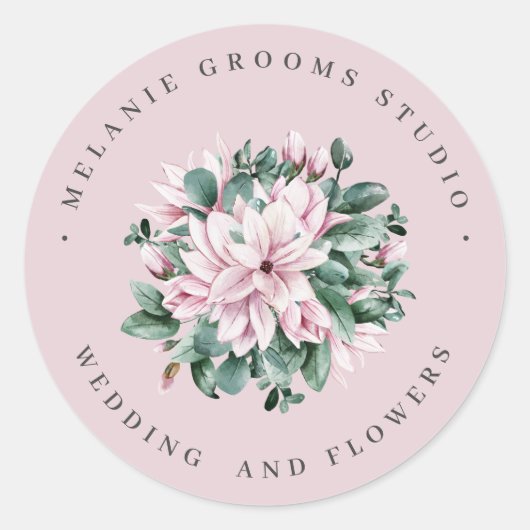 Magnolia en eucalyptusroze bloemen ronde sticker (Voorkant)