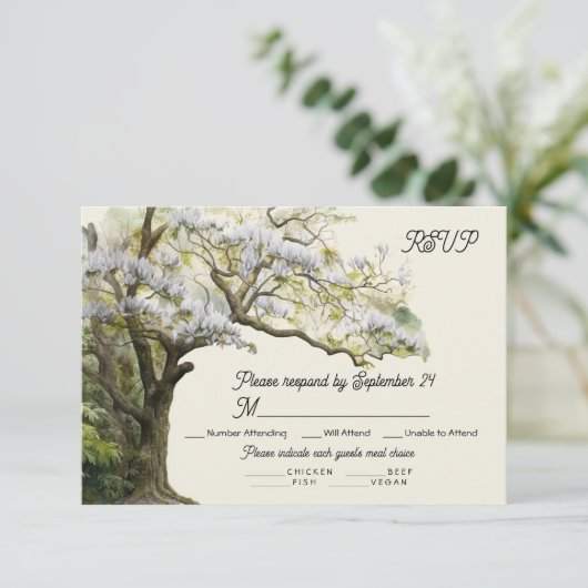 Magnolia en Moss Bruiloft RSVP Maaltijd Keuze Kaar Kaart (Staand voorkant)