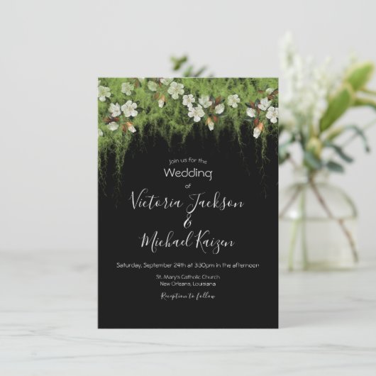 Magnolia en Moss Vines Zuidelijke bruiloft uitnodi Kaart (Staand voorkant)