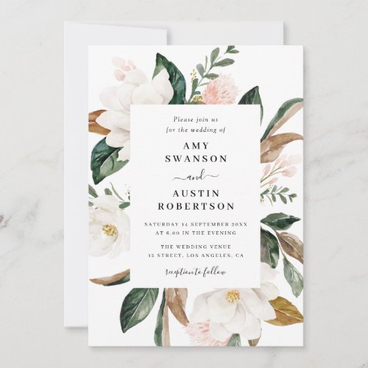 magnolia en roze bloemen trouwuitnodiging kaart (Voorkant)