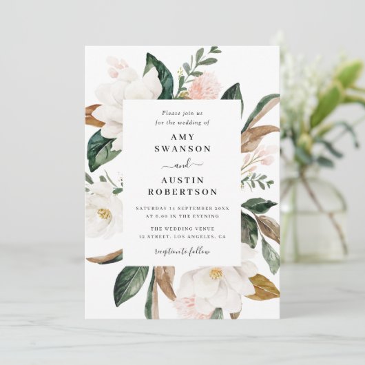 magnolia en roze bloemen trouwuitnodiging kaart (Staand voorkant)