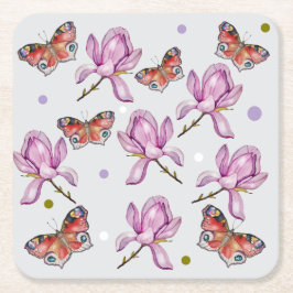 Magnolia en vlinders, watercolor patroon kartonnen onderzetters