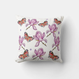 Magnolia en vlinders, watercolorpatroon kussen