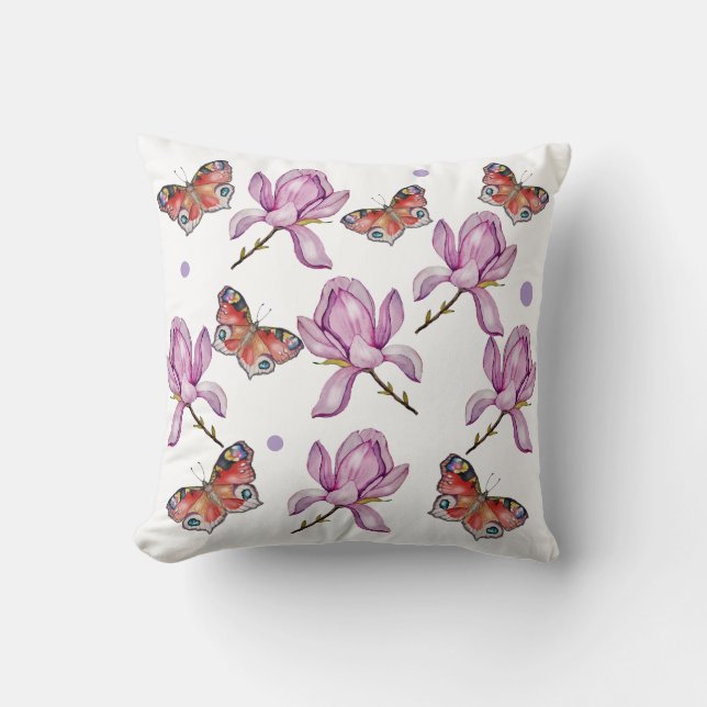 Magnolia en vlinders, watercolorpatroon kussen (Voorkant)