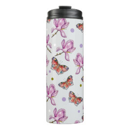 Magnolia en vlinders, watercolorpatroon thermosbeker