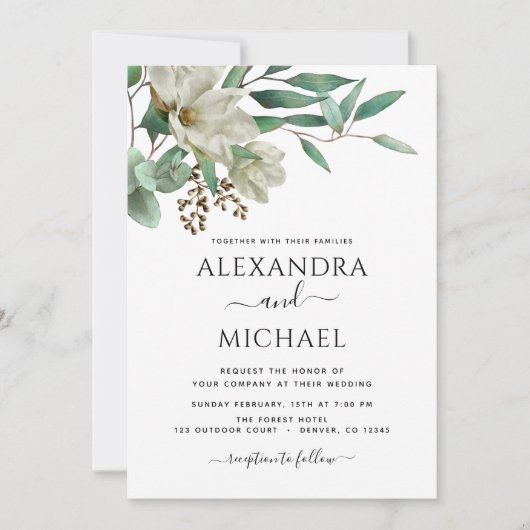 Magnolia Eucalyptus Foto Elegant Wedding Kaart (Voorkant)