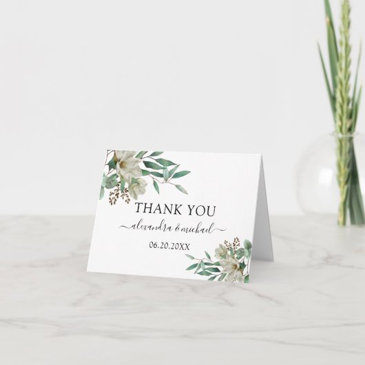 Magnolia Eucalyptus Waterverf Elegant Weddenschap Bedankkaart (Voorkant)