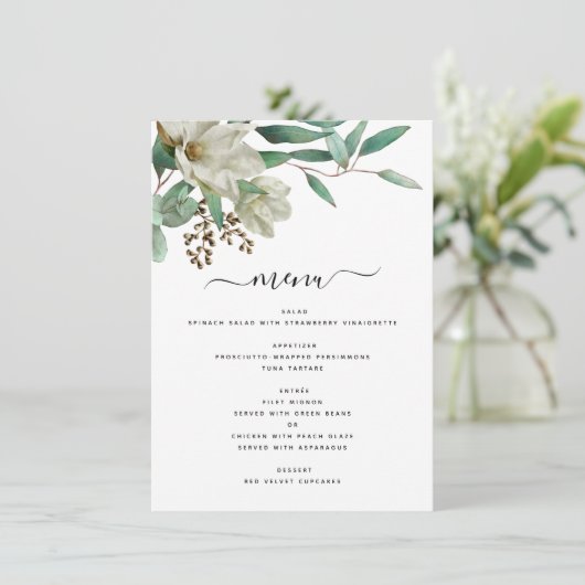 Magnolia Eucalyptus Waterverf Elegant Weddenschap Menu (Staand voorkant)
