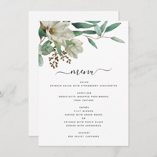 Magnolia Eucalyptus Waterverf Elegant Weddenschap Menu (Voorkant / Achterkant)