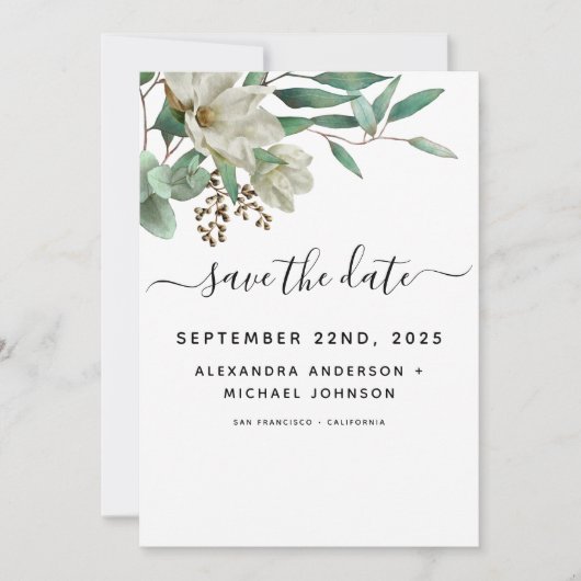 Magnolia Eucalyptus Waterverf Elegant Weddenschap Save The Date (Voorkant)