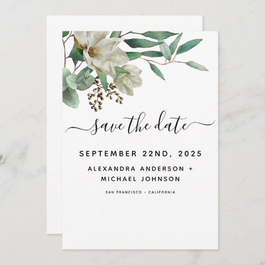 Magnolia Eucalyptus Waterverf Elegant Weddenschap Save The Date (Voorkant / Achterkant)
