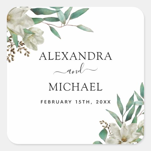 Magnolia Eucalyptus Waterverf Elegant Weddenschap Vierkante Sticker (Voorkant)
