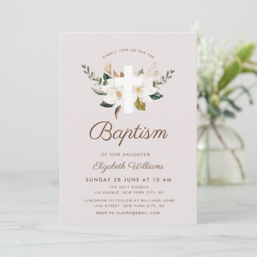 magnolia floral Baptism-uitnodiging Kaart (Staand voorkant)