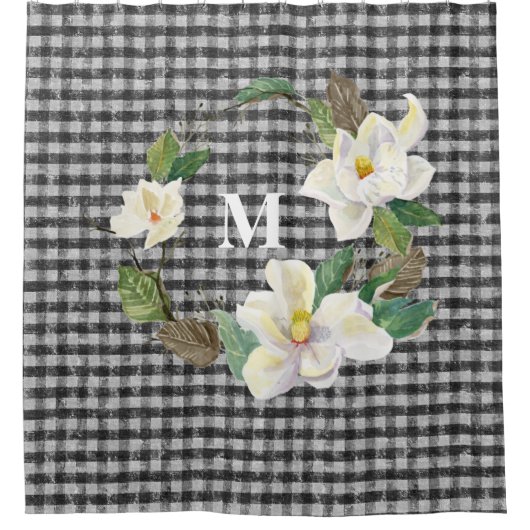 Magnolia Floral Black and White Check w Monogram Douchegordijn (Voorkant)