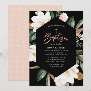 magnolia floral black Baptism-uitnodiging Kaart