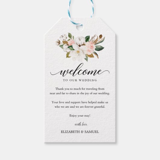 Magnolia Floral Bouquet Weddenschap Welkom Cadeaulabel (Voorkant)