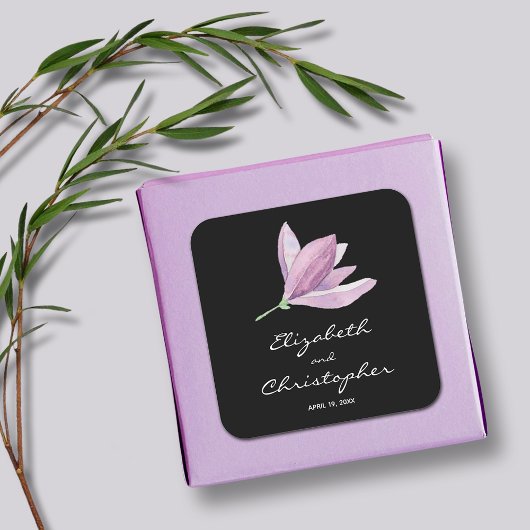 Magnolia Floral bruiloft gunst op zwart Vierkante Sticker