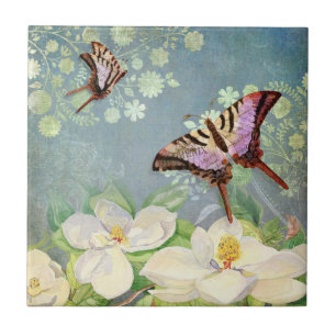 Magnolia Floral Butterfly Blue Waterverf  Tegeltje
