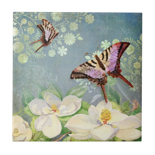Magnolia Floral Butterfly Blue Waterverf  Tegeltje (Voorkant)