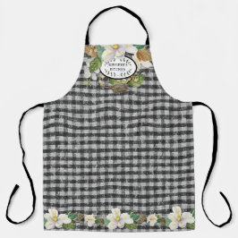 Magnolia Floral Farmhouse Black White Kitchen Name Schort