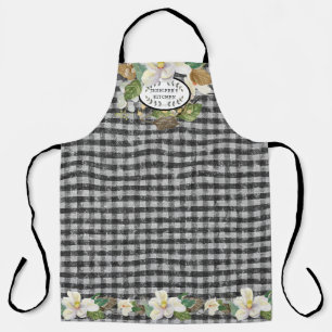 Magnolia Floral Farmhouse Black White Kitchen Name Schort