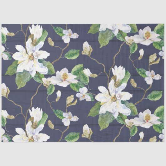 Magnolia Floral Farmhouse Navy Wooden Decoupage Tissuepapier (Voorkant)