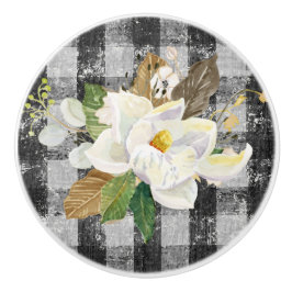 Magnolia Floral Farmhouse Rustic Black White Check Keramische Knop
