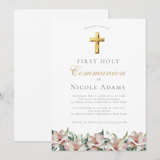 Magnolia Floral First Communion  Kaart (Voorkant / Achterkant)