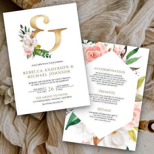 Magnolia Floral Gold Ampersand All in One Wedding Kaart