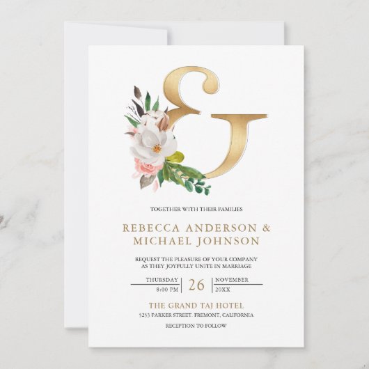 Magnolia Floral Gold Ampersand All in One Wedding Kaart (Voorkant)