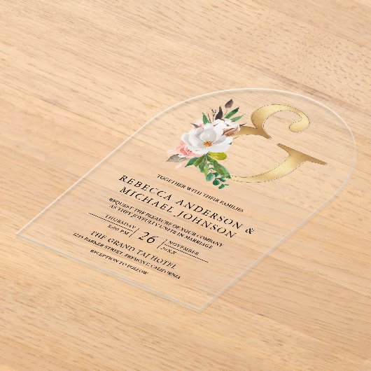 Magnolia Floral Gold Ampersand Wedding Acryl Uitnodigingen (Laagn)