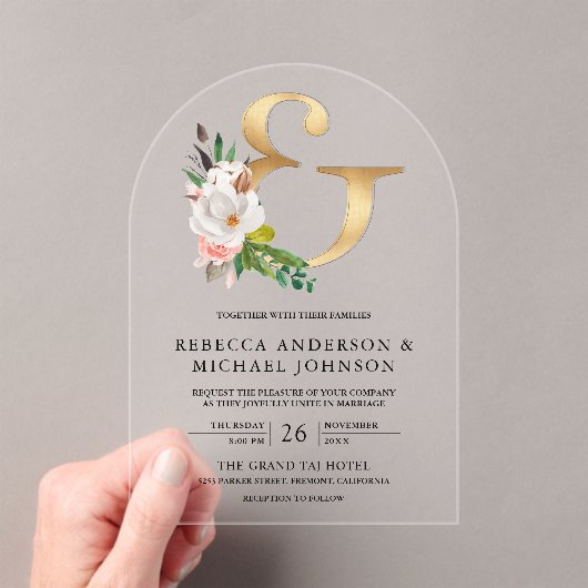 Magnolia Floral Gold Ampersand Wedding Acryl Uitnodigingen (Insitu (Draagbaar))