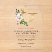 Magnolia Floral Gold Ampersand Wedding Acryl Uitnodigingen (Voorkant)