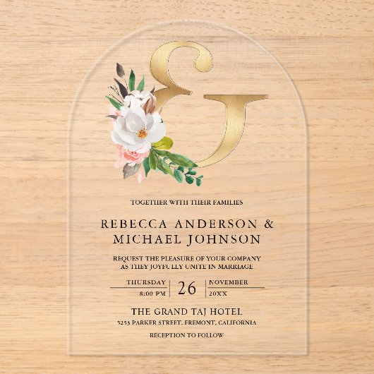Magnolia Floral Gold Ampersand Wedding Acryl Uitnodigingen (Voorkant)