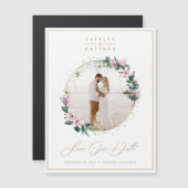 Magnolia Floral Gold Circle Foto van Save the Date (Voorkant / Achterkant)