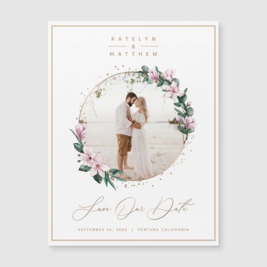 Magnolia Floral Gold Circle Foto van Save the Date (Voorkant)