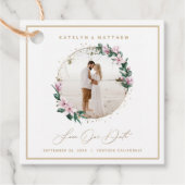 Magnolia Floral Gold Circle Foto van Save the Date Bedankjes Labels (Voorkant)
