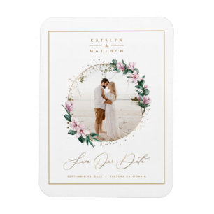 Magnolia Floral Gold Circle Foto van Save the Date Magneet