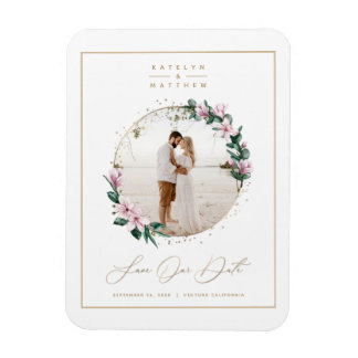 Magnolia Floral Gold Circle Foto van Save the Date Magneet