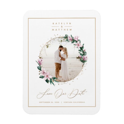 Magnolia Floral Gold Circle Foto van Save the Date Magneet (Verticaal)