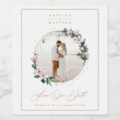 Magnolia Floral Gold Circle Foto van Save the Date Wijn Etiket (Enkel label)