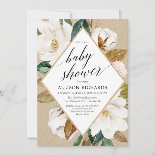 Magnolia floral greenery rustic kraft baby shower kaart (Voorkant)