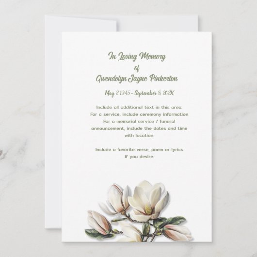 Magnolia Floral Memorial Funeral Service Card Kaart (Voorkant)