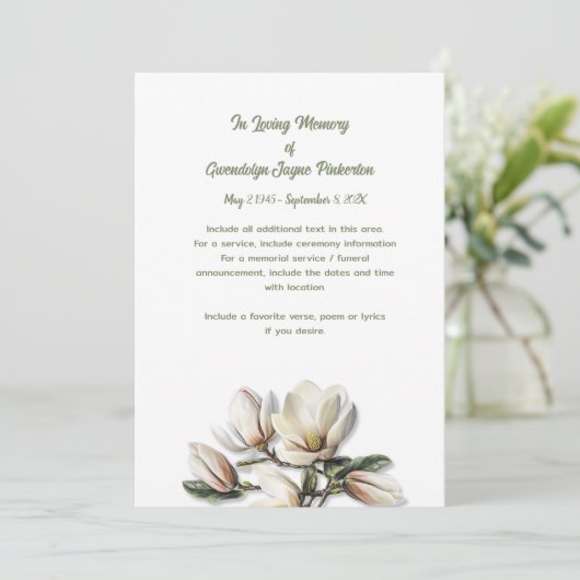 Magnolia Floral Memorial Funeral Service Card Kaart (Staand voorkant)