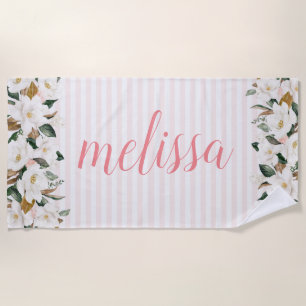 magnolia floral personalized script strand towel strandlaken