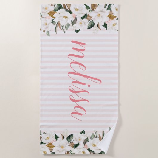 magnolia floral personalized script strand towel strandlaken (Voorkant)