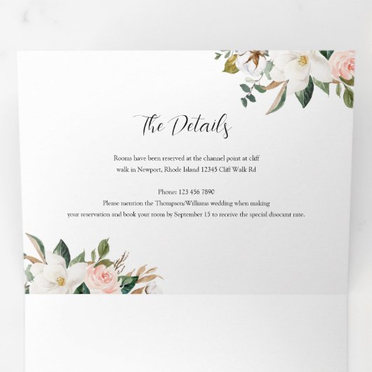 Magnolia Floral Photo Weddenschap met RSVP QR Code Drieluik Uitnodiging (Binnenzijde eerst)