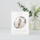Magnolia Floral & Roos Gold Circle Foto omgeven Save The Date (Staand voorkant)