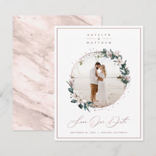 Magnolia Floral & Roos Gold Circle Foto omgeven Save The Date (Voorkant / Achterkant)